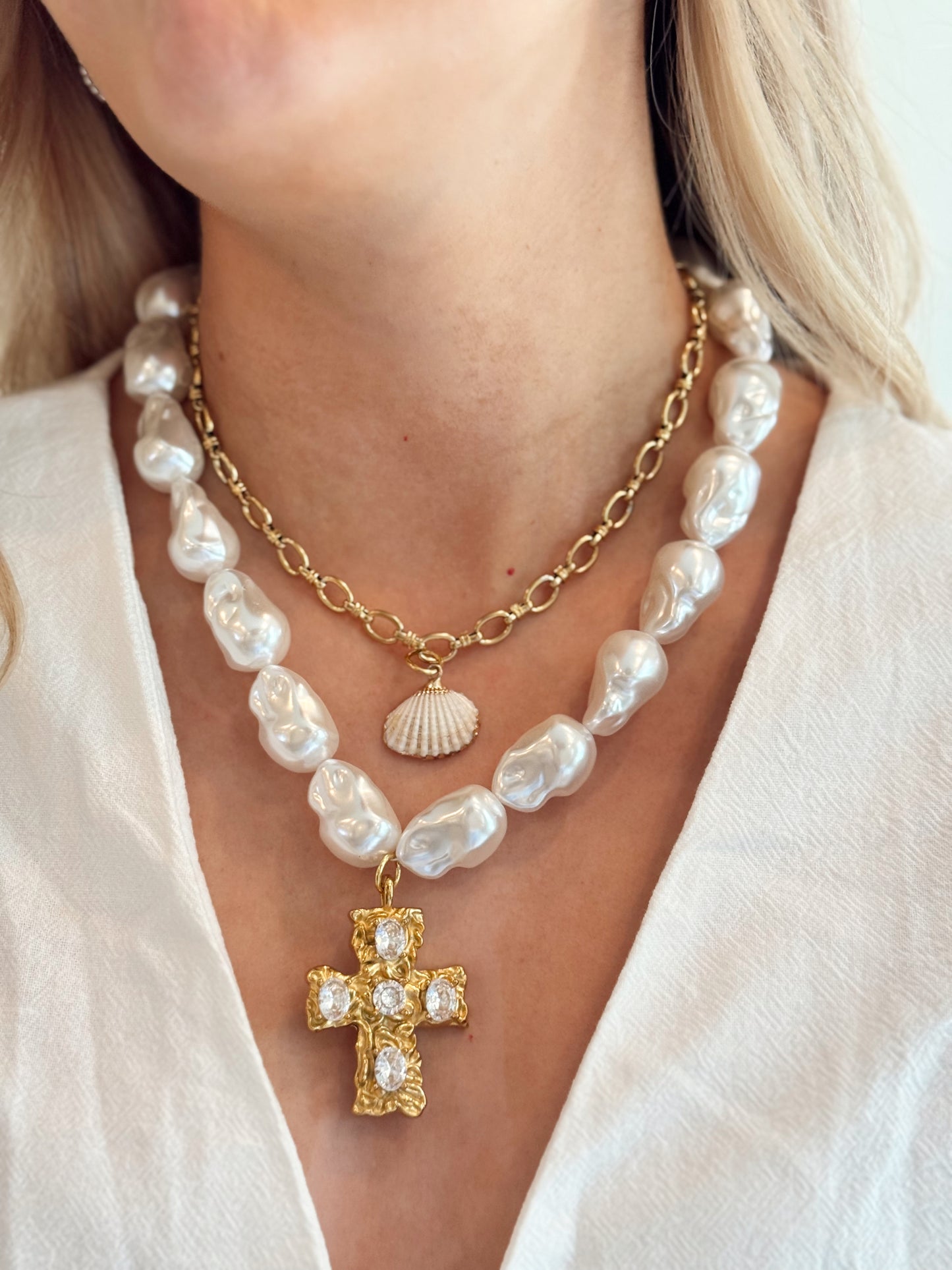 XL CZ Cross + Statement Pearl Necklace