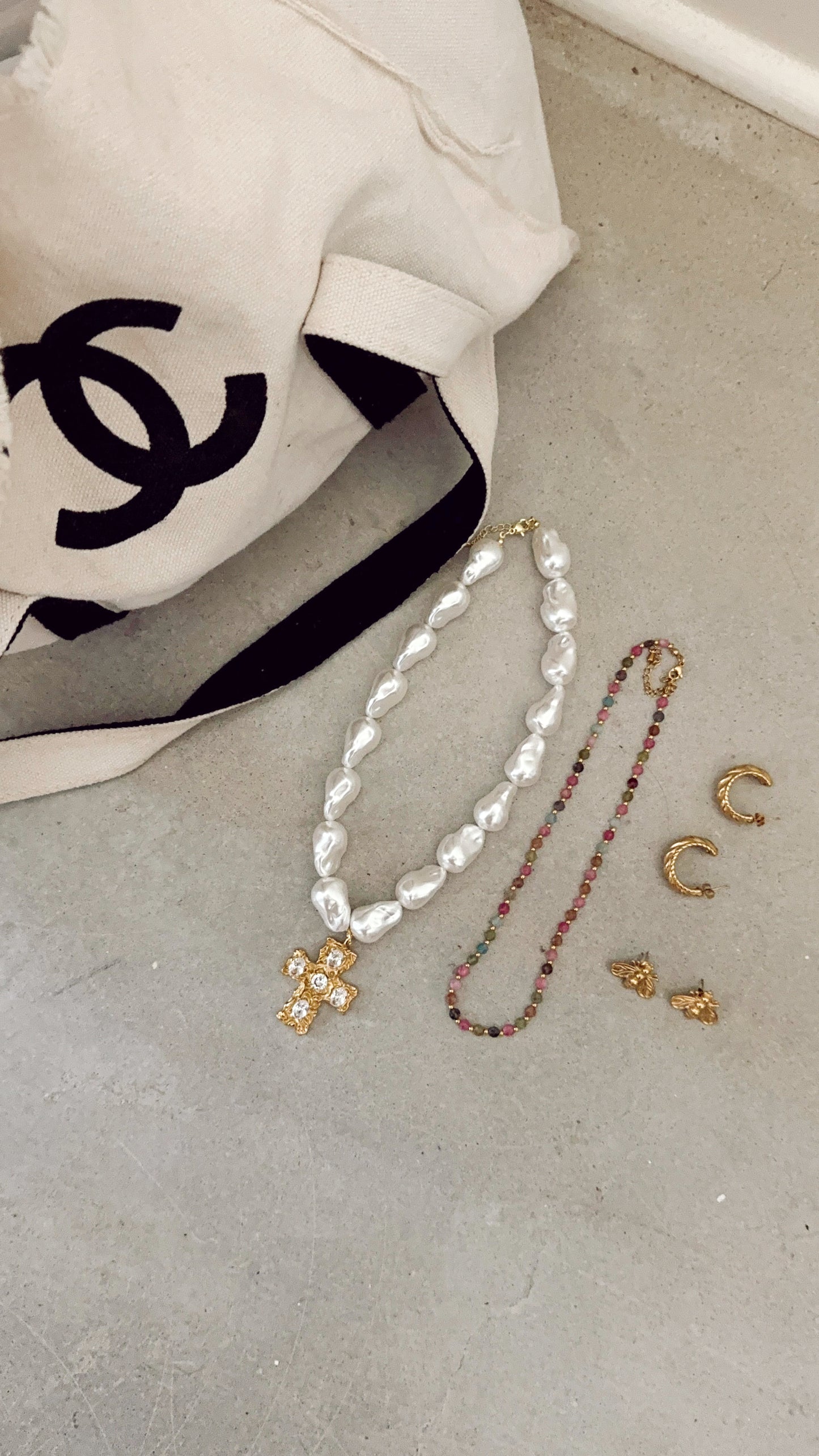 XL CZ Cross + Statement Pearl Necklace