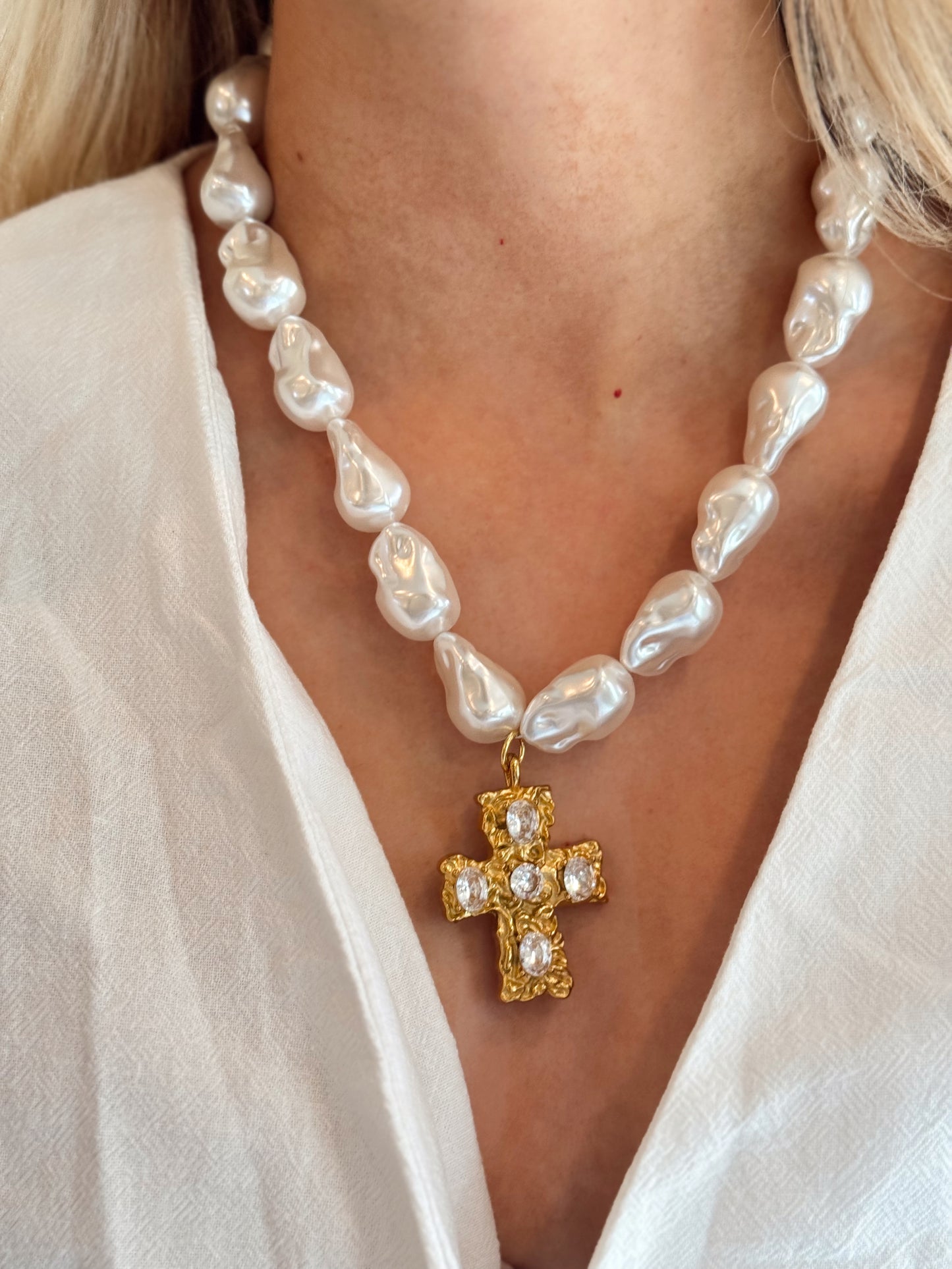 XL CZ Cross + Statement Pearl Necklace