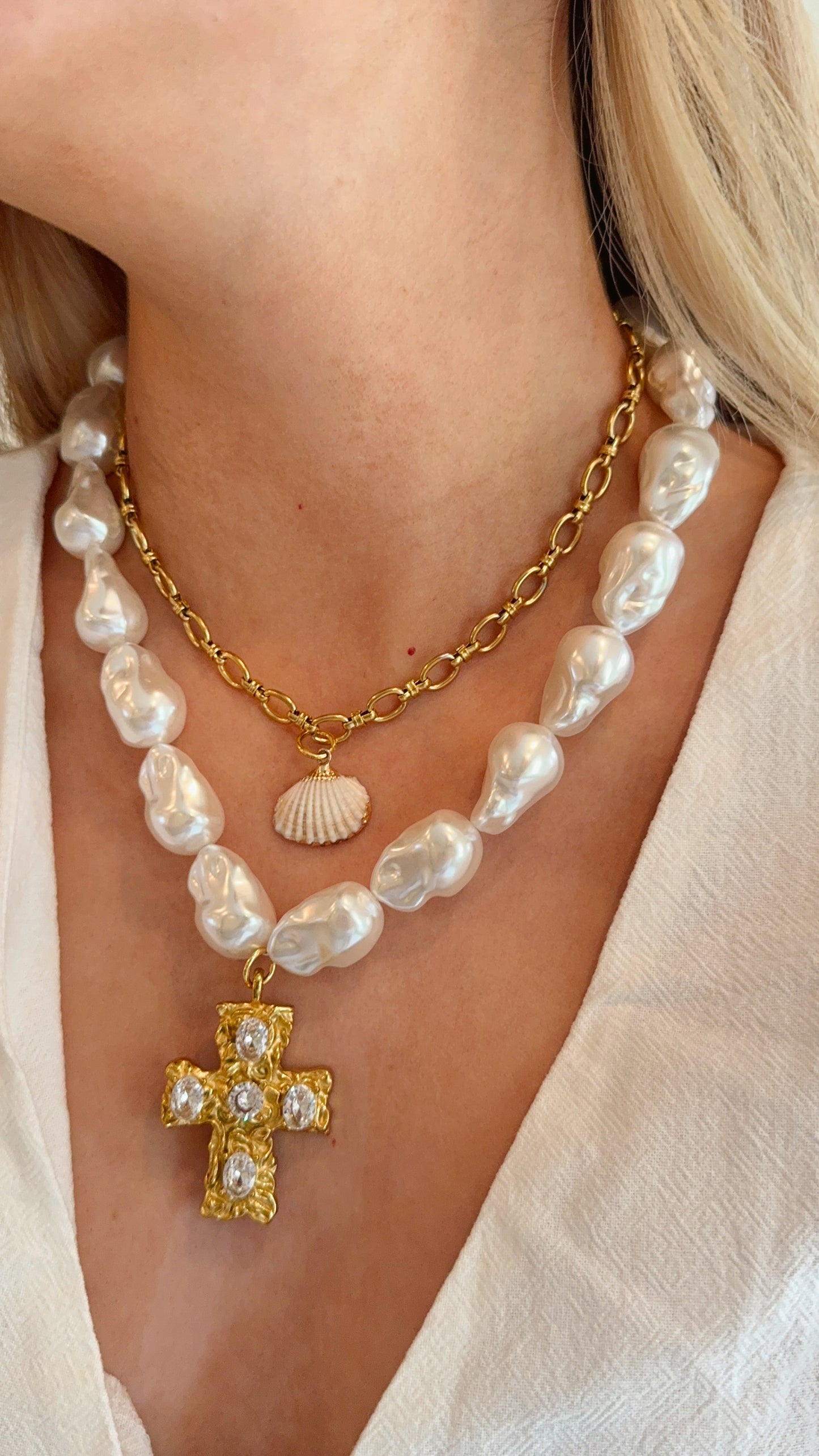 XL CZ Cross + Statement Pearl Necklace